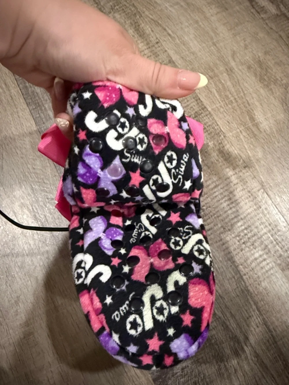 Pink Bow Plush Baby Slipper with Heart & Star Print no size- Jojo Siwa